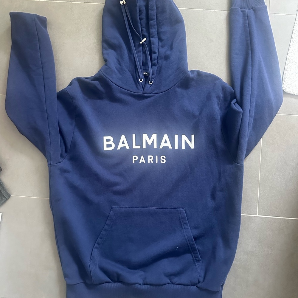 Balmain Blue Sweater with Iconic Logo and Pullover Style